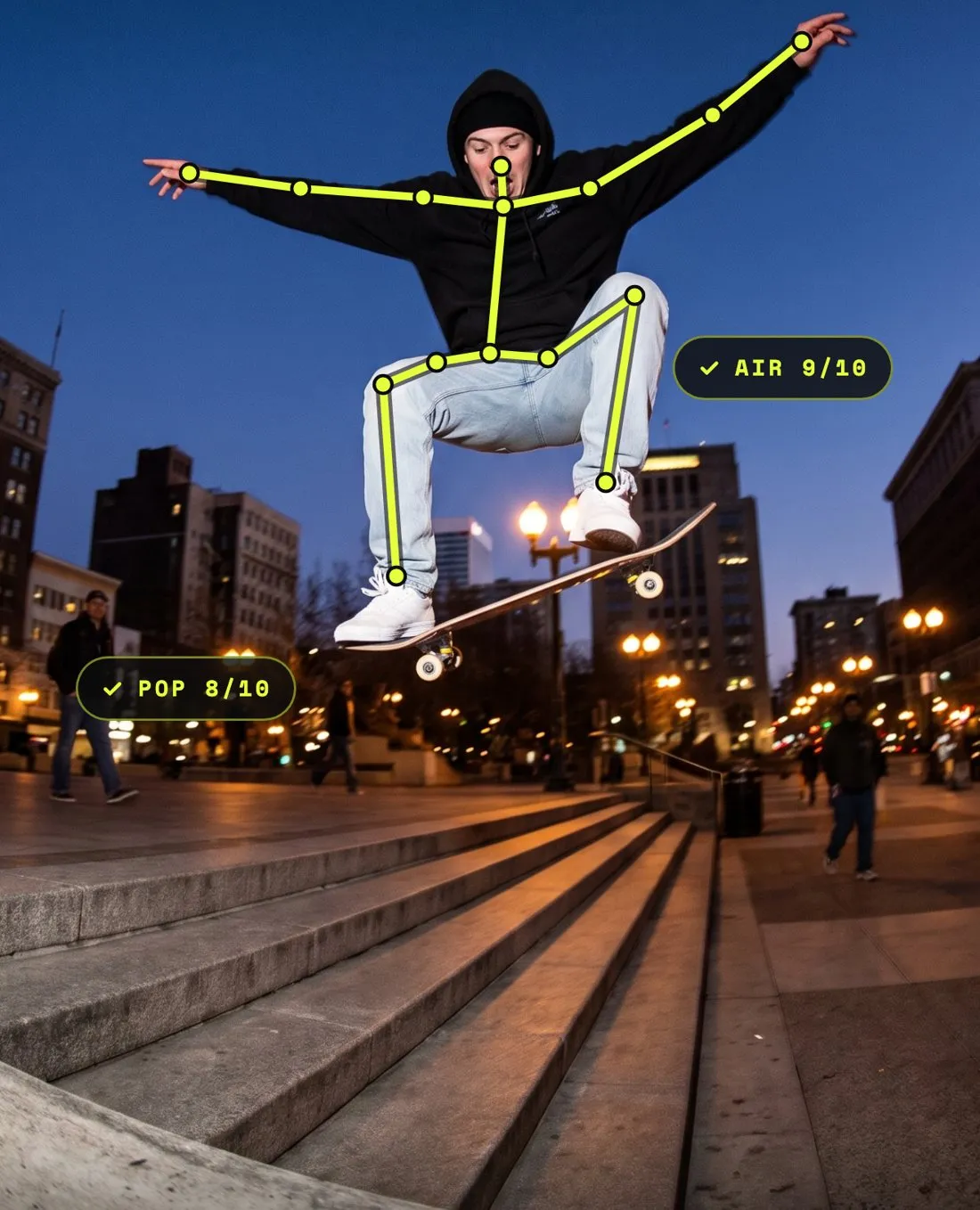 A skater mid-trick over city stairs at dusk, with Skate AI's skeleton tracking drawn over the body