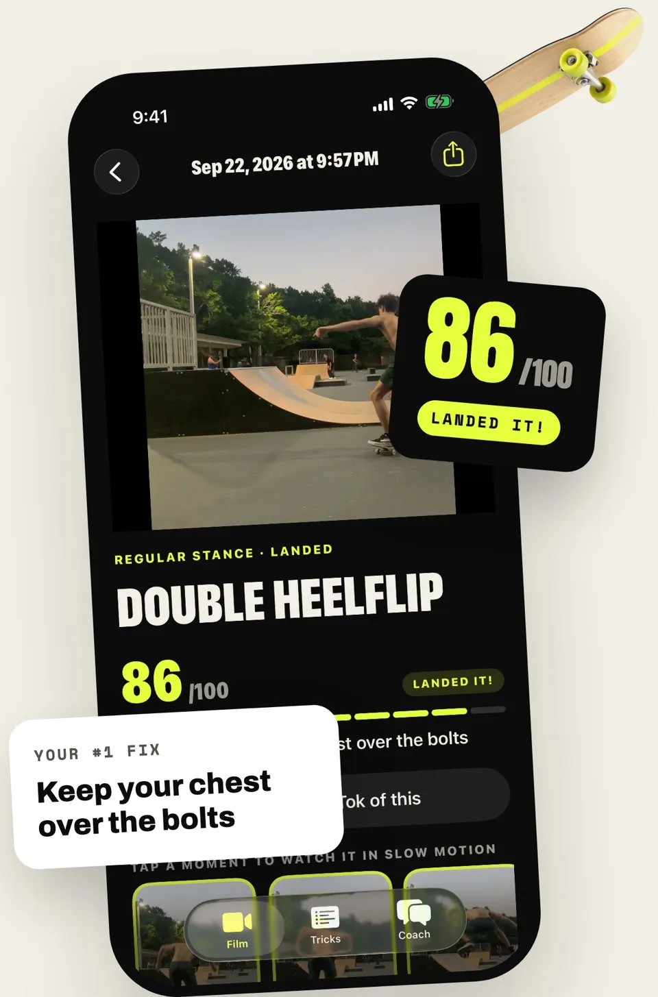 Skate AI on iPhone showing a Double Heelflip breakdown scored 86 out of 100, with the fix: keep your chest over the bolts