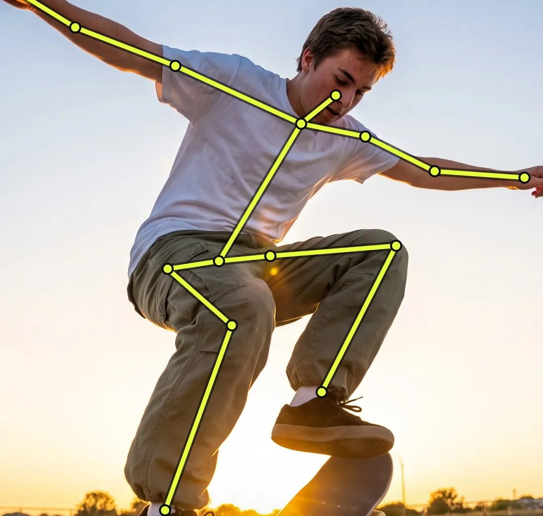 A skater at sunset with the skeleton overlay tracking arms, hips and legs